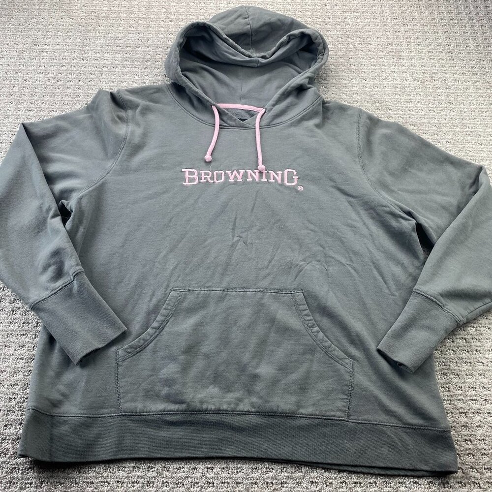 Browning Hoodie Sweater Women Size XXXL Gray Pink Embroidered Logo Spell Out
